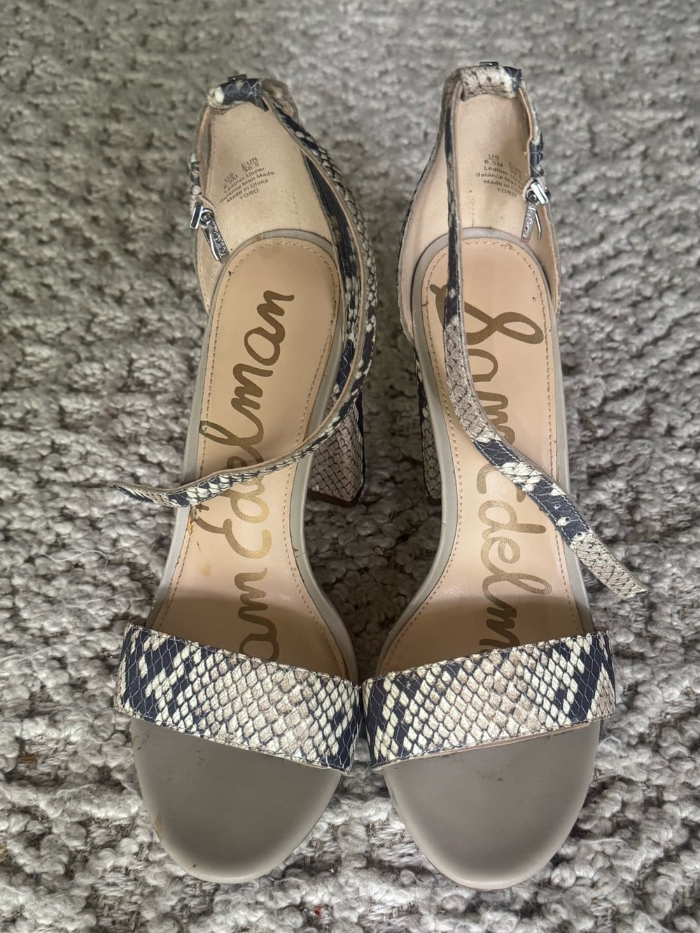 Sam Edelman Snake-Print Ankle Strap Block Heels in Beige and Black